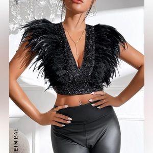 Black crop top with feathers and sequins
